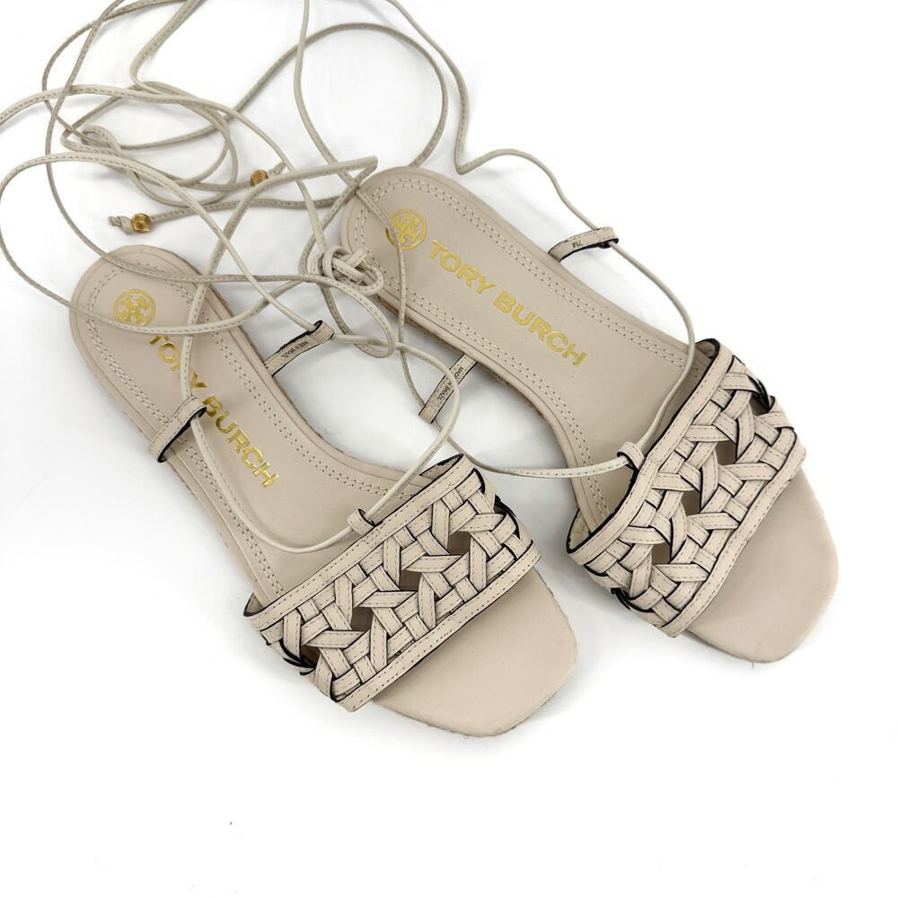 Tory Burch Caning Ankle-Wrap Leather Espadrille Sandals Size 7 NWOT Summer - Picture 2 of 6